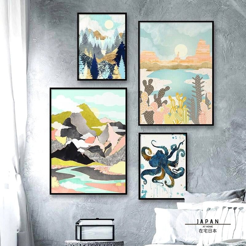 Affiche japonaise - Paysage abstrait, "Montagnes et cactus" – Image 7